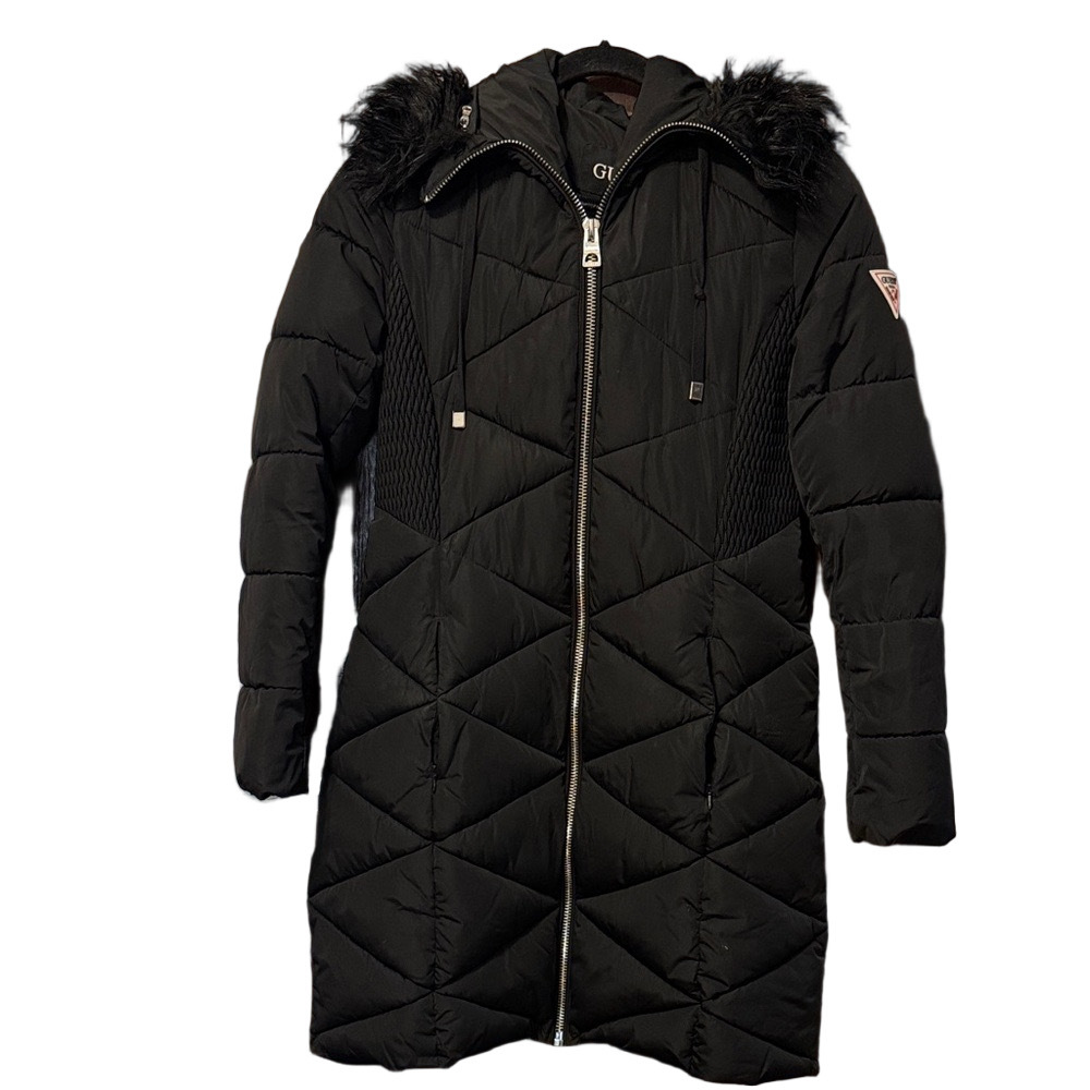 Guess Black Zip Quilted Puffer Coat with Faux Fur Hood